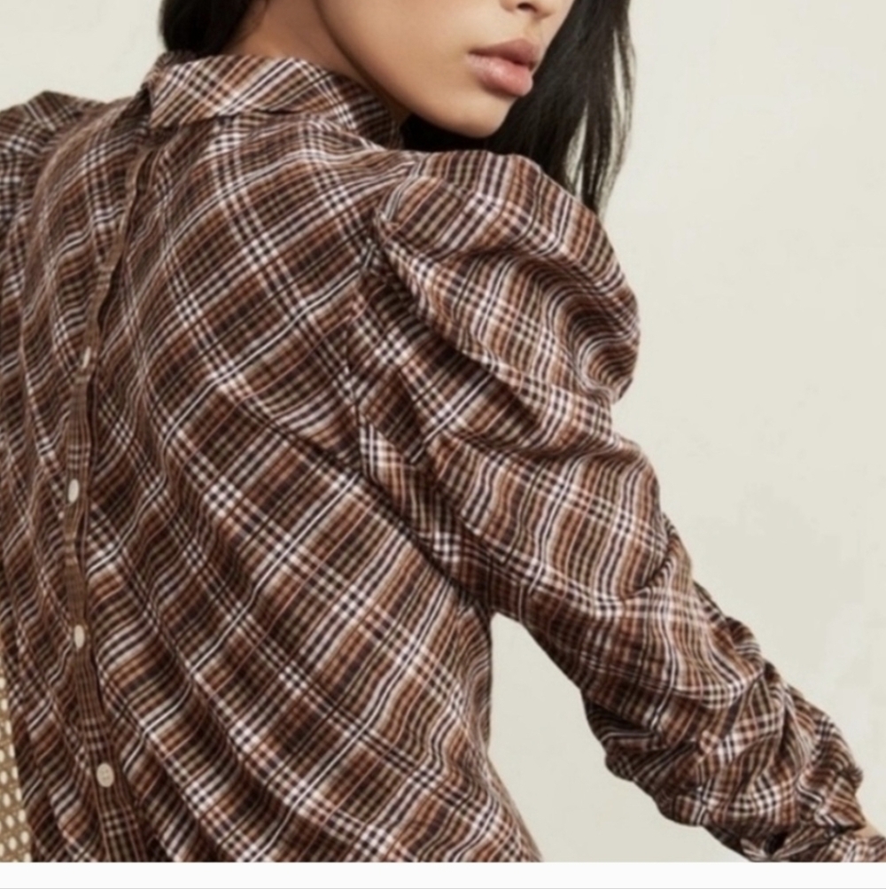 Veronica Beard Isabel Plaid Brown Puff Sleeve Button Back Blouse Size 8 - Picture 11 of 11